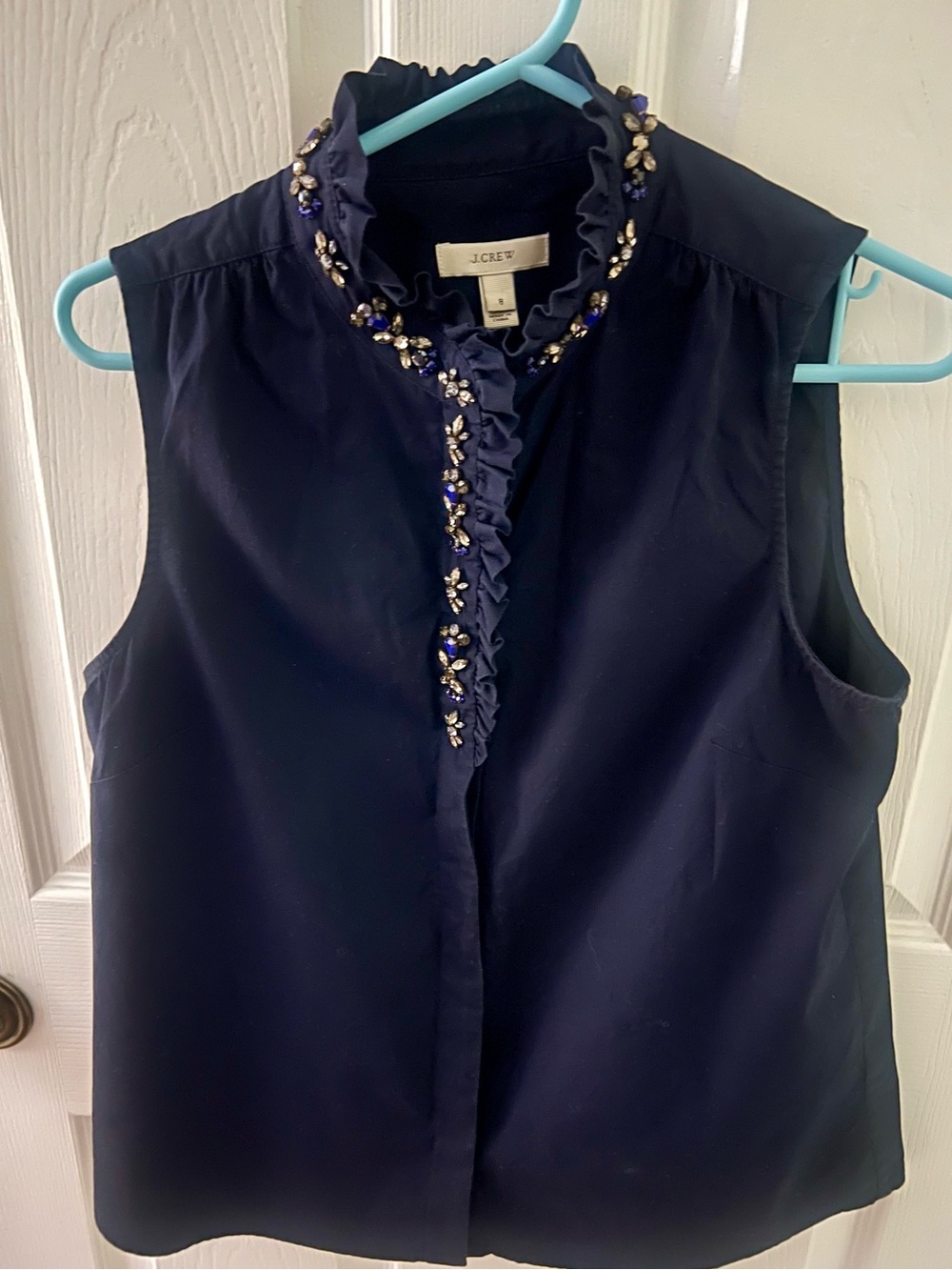 J. Crew 100% Cotton with Jeweled Accents, Button-Up Sleeveless Top, Size 8